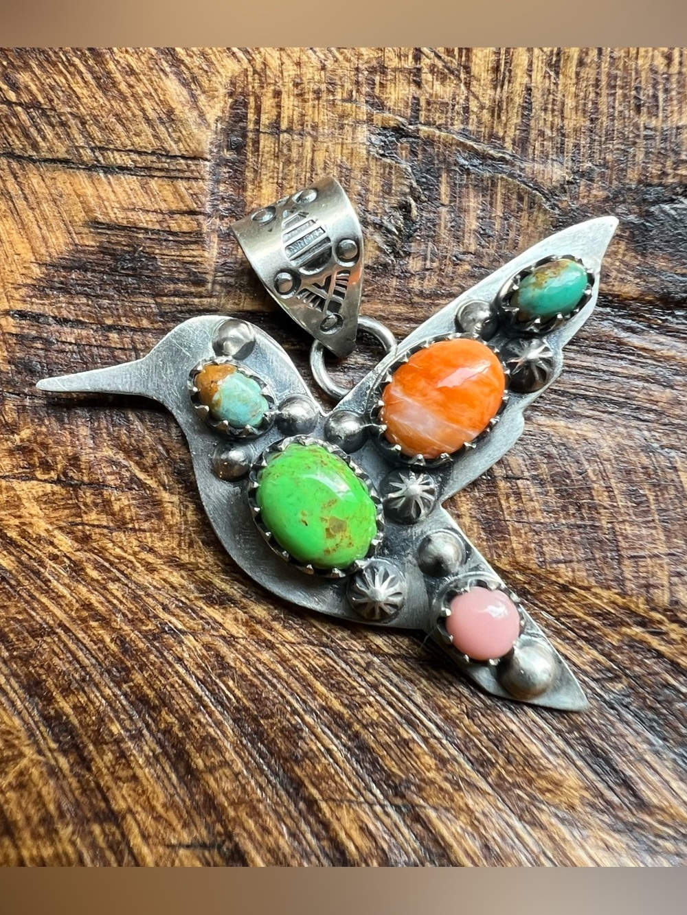 Sterling Silver Multi Stone Hummingbird Pendant Turquoise Spiny Oyster Conch
